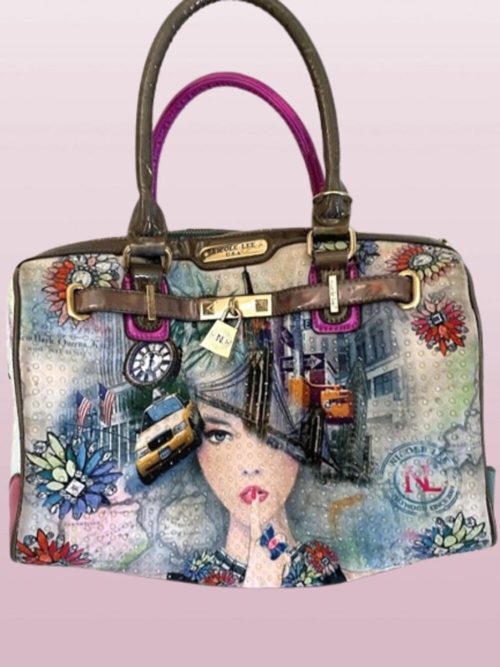 Nicole Lee New York pop art Bowler bag Sparkling stones Iridescent Faux Leather